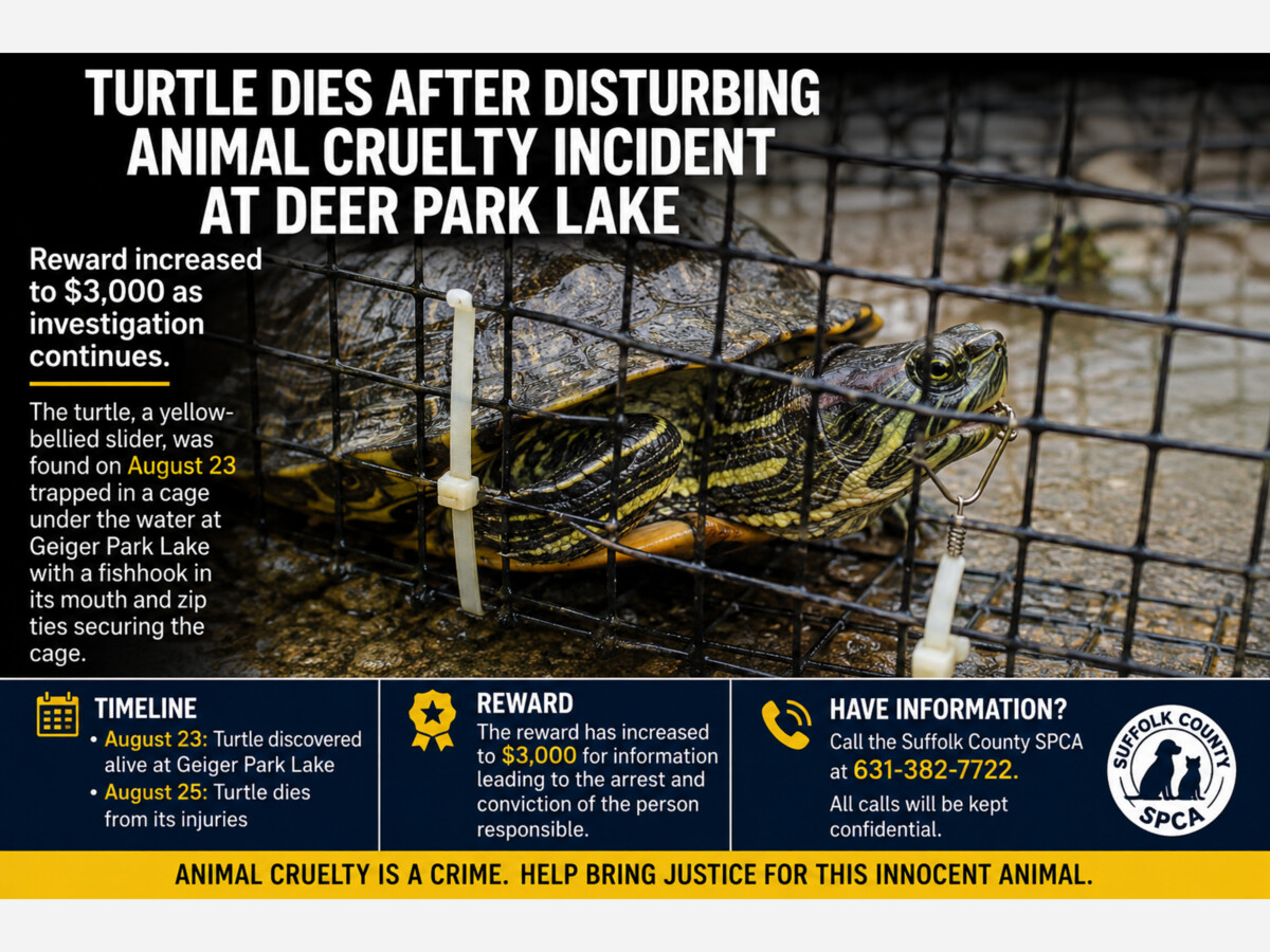 Turtle Dies After Disturbing Animal Cruelty Incident at Deer Park Lake; Reward Increased to $3,000