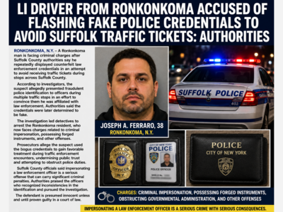 LI Driver From Ronkonkoma Accused of Flashing Fake Police Credentials to Avoid Suffolk Traffic Tickets, Authorities Say